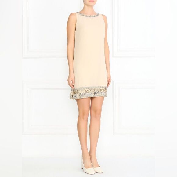 Alice & Olivia Silk Cream Natural Beaded Sheath Dress Knee Length NWT Size 10 - Picture 1 of 9